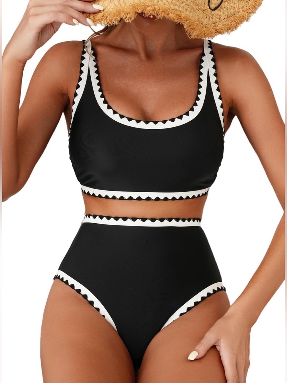 0059: High-Waist Black & White Trim Bikini Set - Women's Swim